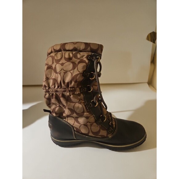 COACH Q1302 SHAINE SIGNATURE BROWN KHAKI MONOGRAM WINTER RAIN BOOTS SIZE 6.5B - Picture 3 of 9
